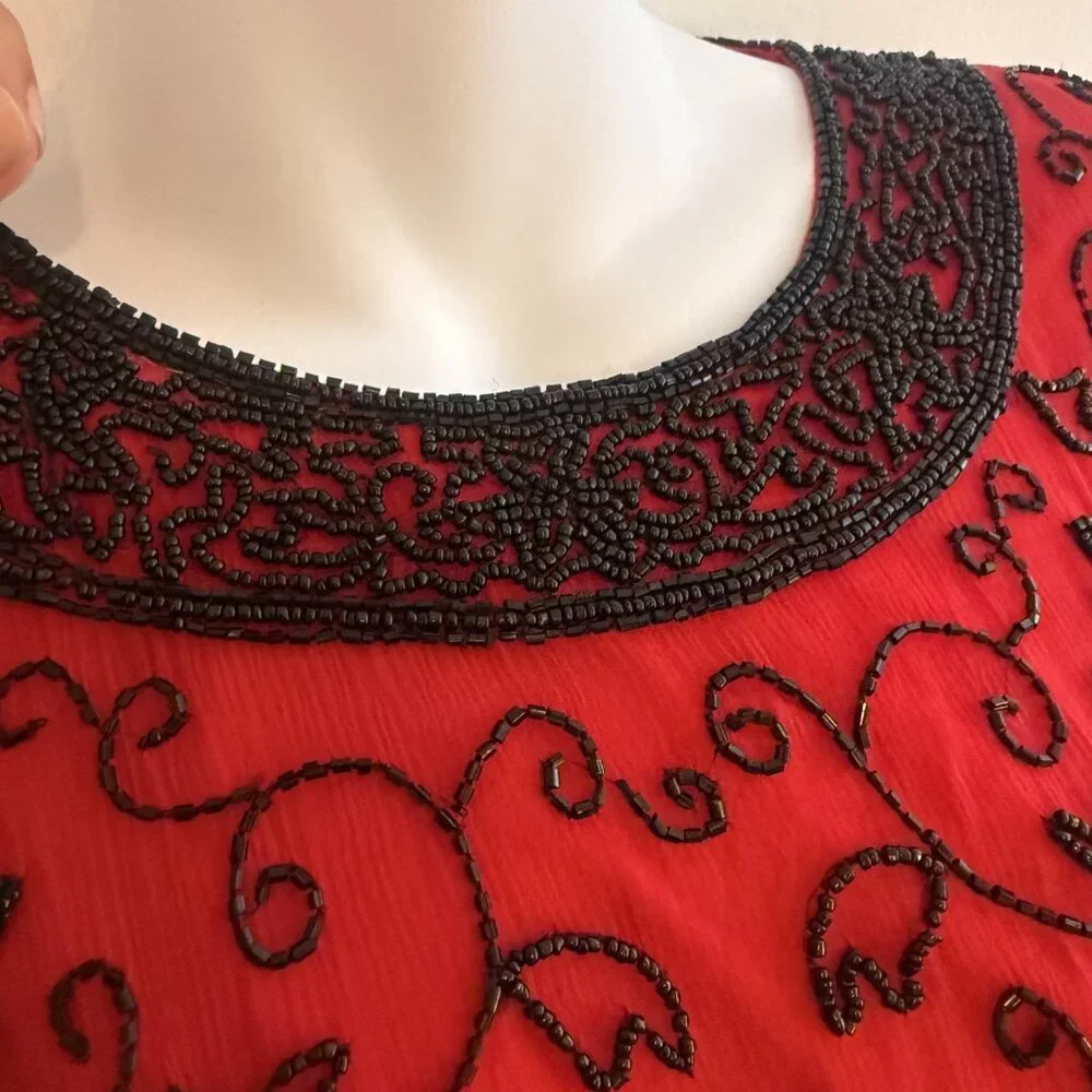Vintage Stenay Red Silk Beaded Top | L | Holiday Party & Cocktail Blouse - Picture 5 of 13